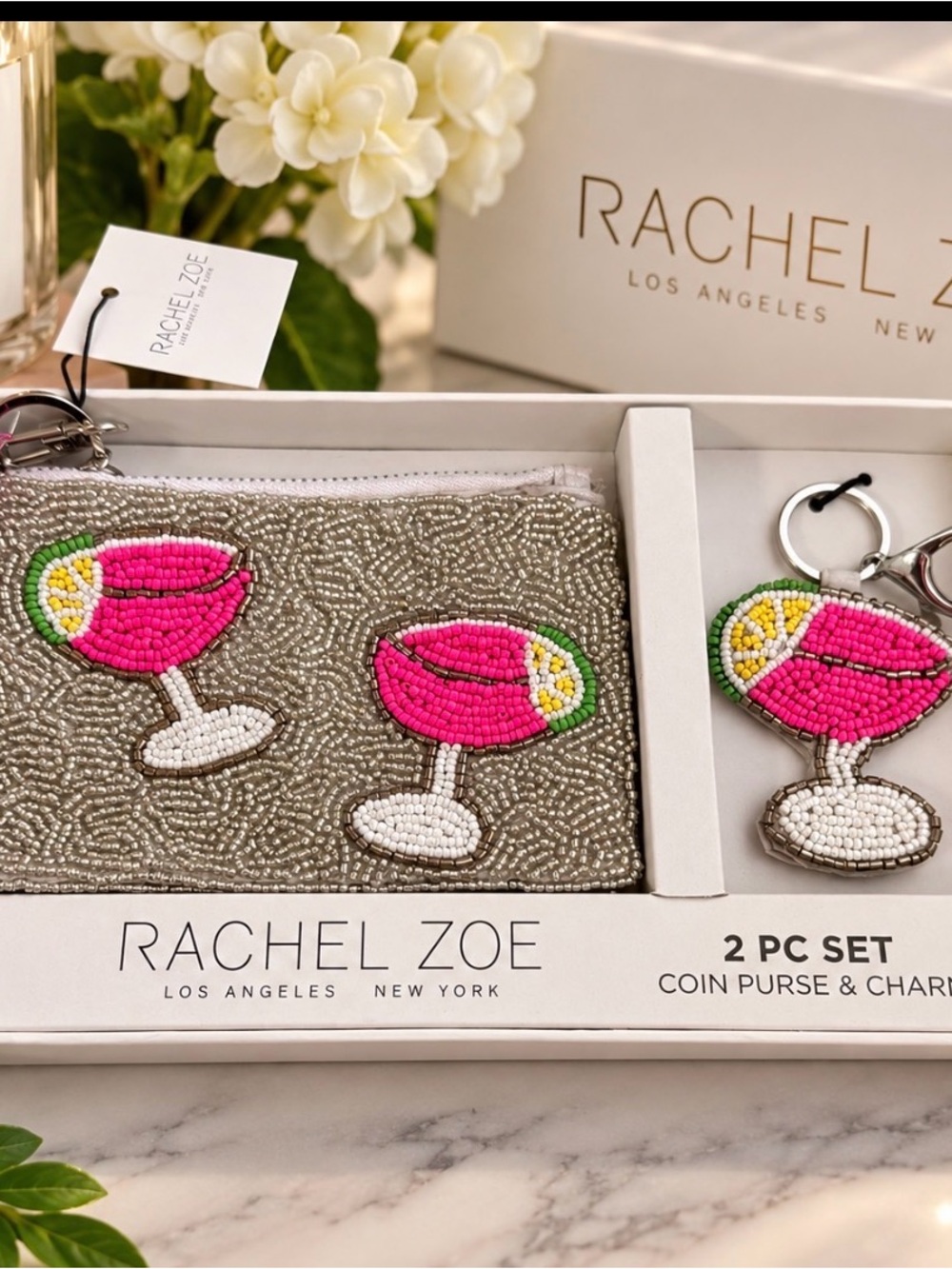 Rachel Zoe Pink Beaded Cocktail Coin Purse & Keychain Set with Silver Beading Ne